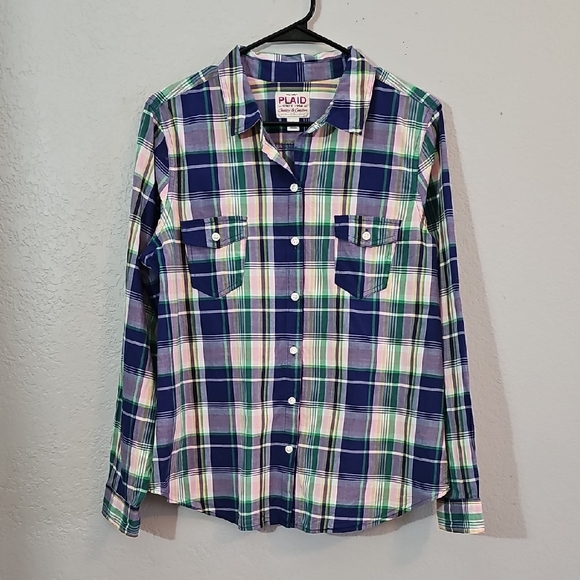 Old Navy Tops - Old Navy Y2K Blue and Green Plaid Button Down Shirt Womens Large